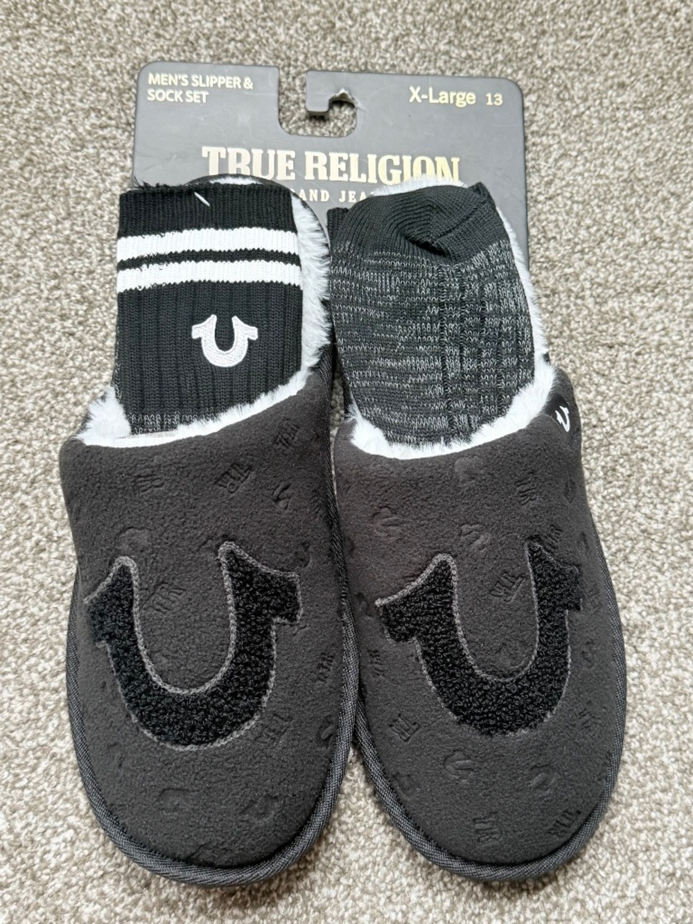 True Religion Men's Slipper Sock Set Black Faux Fur Lined Size XL 13 NWT